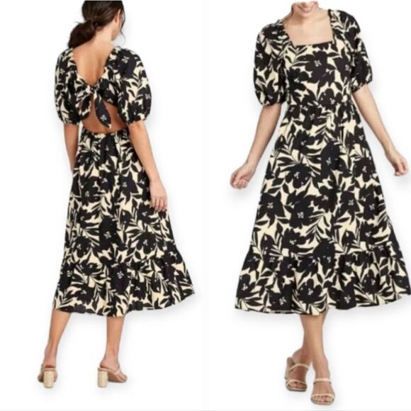WHO WHAT WEAR Floral Cut-out Elbow Length Puff Slv Ruffle Hem Midi Dress sz XXL